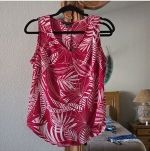 Banana Republic Red And White Tropical Leaf Print Sleeveless Blouse